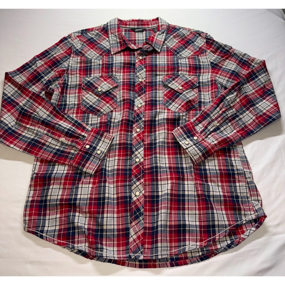 Arizona Jean Co Western Pearl Snap Shirt Mens XL Red Blue Plaid Flannel Cowboy